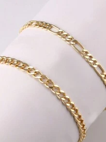 2pcs Stainless Steel Gold Cuban Link Anklet, Women Beach Chain - Apricot - View 3