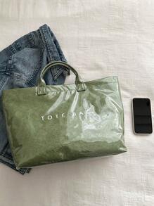 Large Capacity Fashionable Transparent Jelly Bag Pvc Waterproof Handbag Shopping Bag Korean Style Unisex Tote Bag Ins Hot Item Retro Casual Street Style Niche Tote Bag Japanese Slouchy Style School Bag For College Students Fitness Yoga Travel Bag Mommy Bag Letter Print Minimalist Star Style Folded Texture Paper Tote Bag - Green - View 5