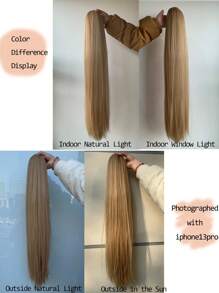 Extensiones de cabello sintético con cola de caballo larga y recta con cordón, extensiones de cabello sintético suaves y naturales con clip - Rubio claro - Dorado - Ver 5