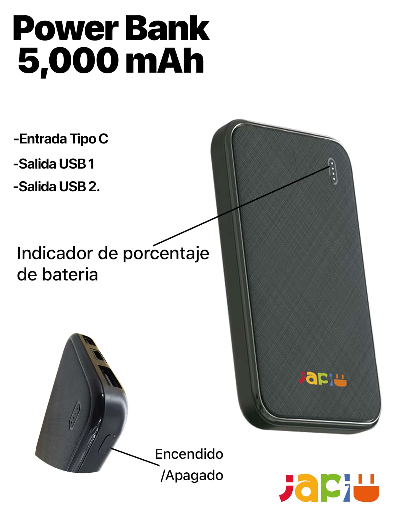 JapiMX Power Bank Portátil Japi 5,000 Mah 2 Puertos Usb - Blanco - Ver 1