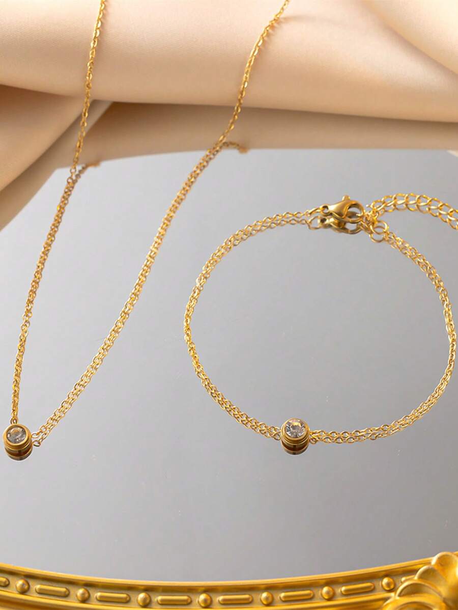 Stainless Steel Waterproof, Non-Fading, Fashionable, Simple Gold One Pendant Necklace And Bracelet Set Suitable For Women's Daily Wear - Gold - View 1
