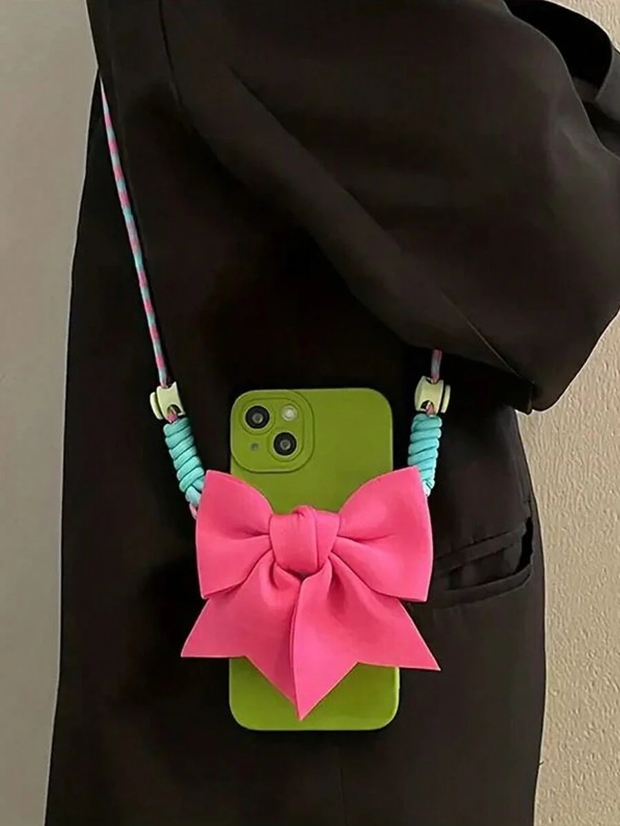 Phone Strap With Large Bowknot Decoration And Creative Color-Block Braided Cord, Can Be Crossbody Or Neck Hanging - Hot Pink - View 1