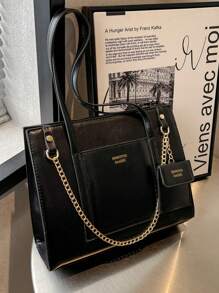 Bolso de hombro con estampado de letras y monedero para mujer, de uso informal y empresarial, ligero, de gran capacidad, con cadena metálica. Esencial para el otoño, clásico y casual. - Negro - Ver 2