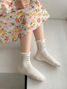 5 双时尚百搭网眼透气蘑菇蕾丝袜及膝袜，适合学生和儿童 - 紫色 - 查看 4