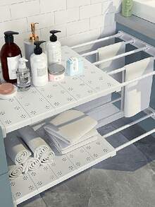 1pc Adjustable Wall Mounted Storage Rack, Retractable Shelf For Closets And Wardrobes, Aesthetic Room Decor, Home Decor, Bedroom Decor,  Expandable Closet Shelf Space Saving, Closet Tension Shelf Adjustable Closet Rod Punch Free Cabinet Organizer Divider Separator For Cabinet Wardrobe Cupboard Kitchen Bathroom - White - View 3