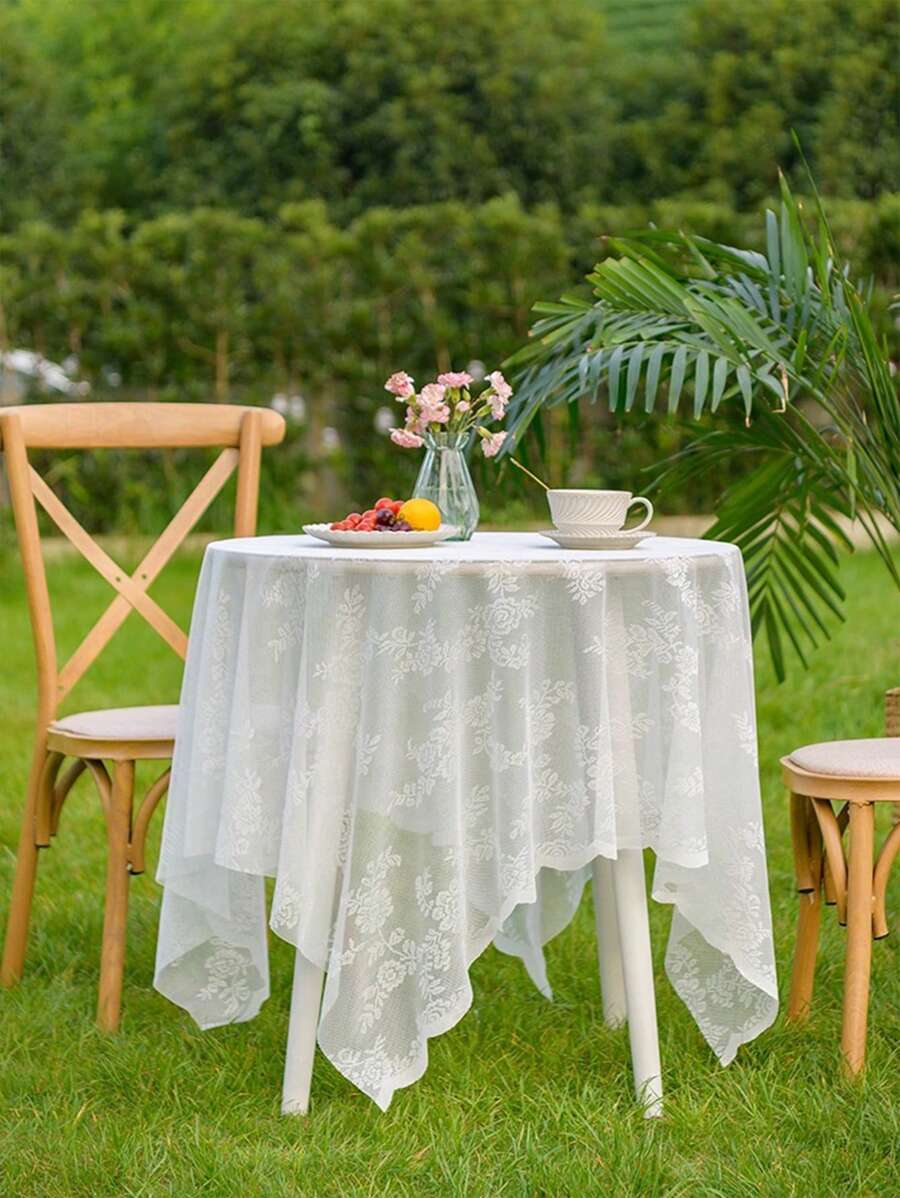 European Style Vintage Romantic Lace Tablecloth, Elegant Decoration For Dining Table, Available In Various Sizes, 1pc - White - View 1