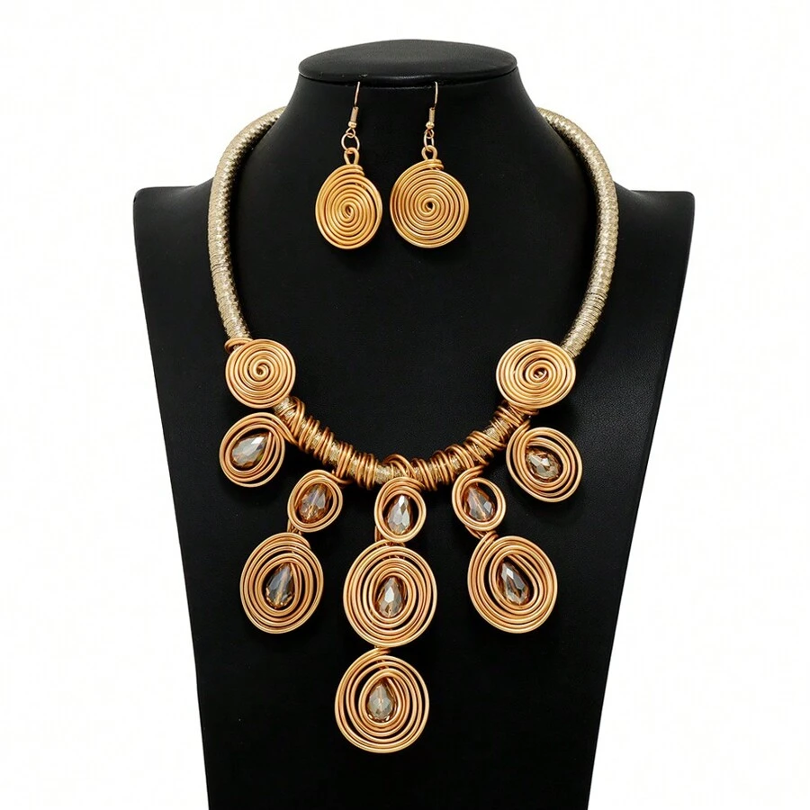 1 Bộ Của Vintage Bohemian Hình học Nói quá Thủ công Đồ trang sức Dây chuyền Và Bộ bông tai - Vàng - Xem 1