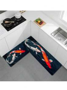 1pc Fish Print Carpet, Lucky Carp Design, Suitable For Bathroom, Kitchen, Living Room, Bedroom, Doorway, Etc. Machine Washable, Suitable For Indoor And Outdoor, Kitchen Floor Mat - Black - View 4
