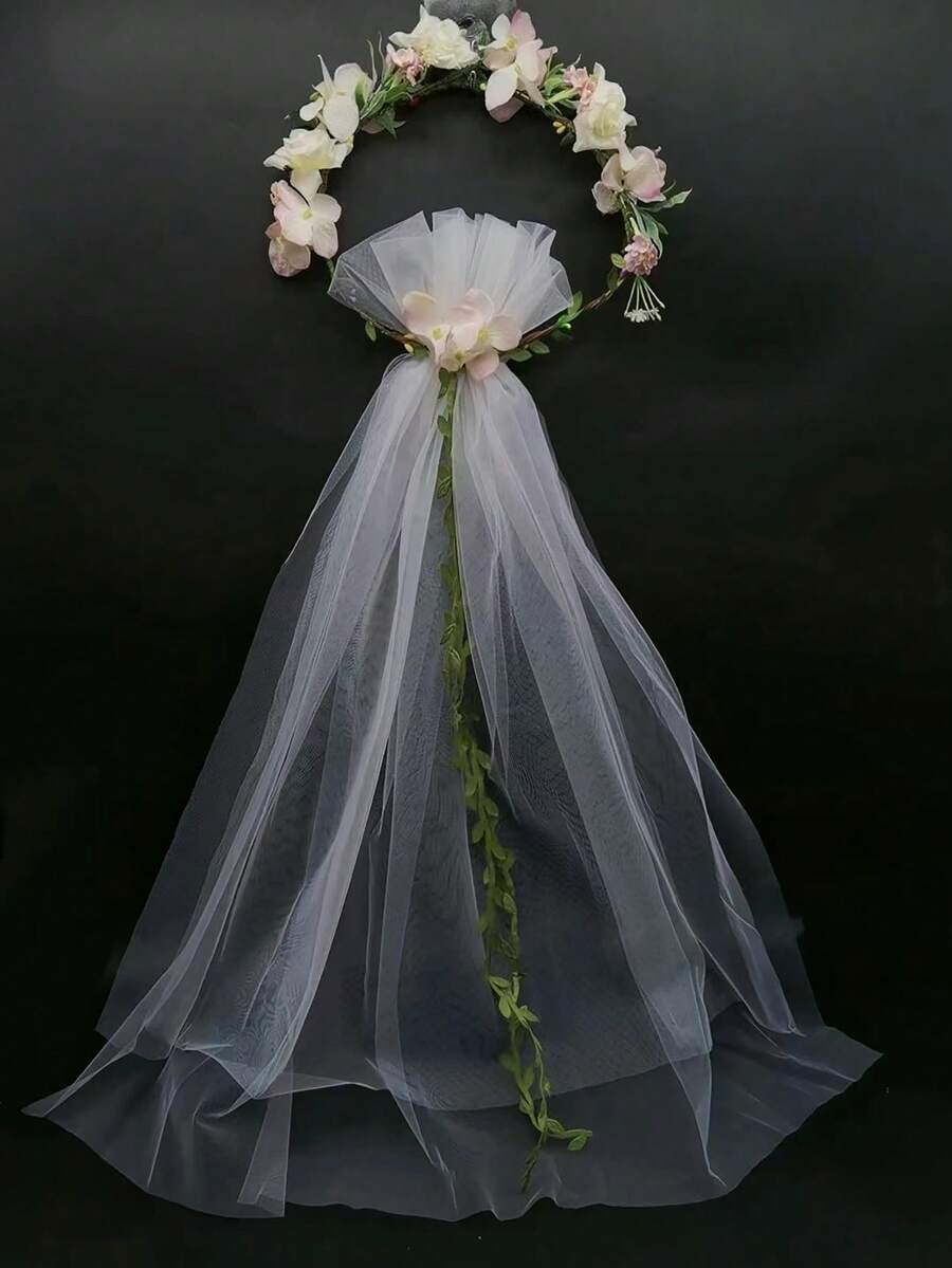 1 件女士花卉皇冠面纱，带粉色针织和碎花和玫瑰装饰，适合婚礼、旅行、派对和日常穿着波西米亚风 - 淺粉色 - 查看 1