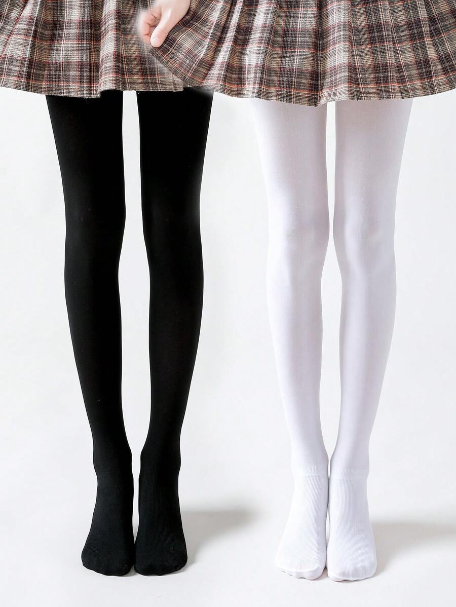 2 pièces/Paquet Collants de couleur unie pour enfants avec bandes antidérapantes, collants de danse, toutes saisons - Noir et Blanc - Voir 1