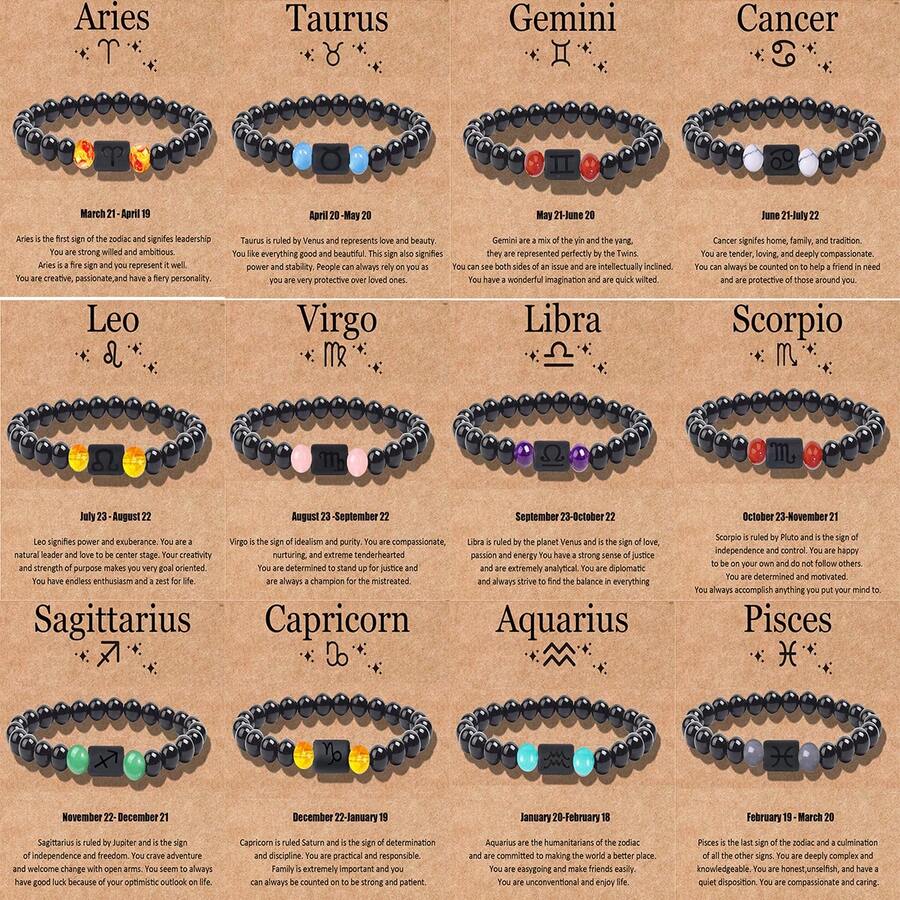 1 Miếng Cung hoàng đạo Vòng tay Cho nam giới NỮ , 8mm Tự nhiên Mã não có vân đen đá Ngôi sao Dấu hiệu Chòm sao Lá số tử vi Vòng tay Qủa tặng Chúc may mắn Qủa tặng - Nhiều màu - Xem 1