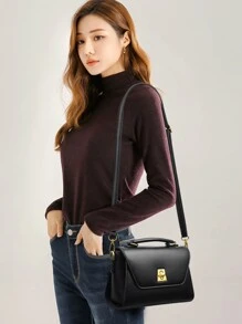New Fashion Solid Color PU Waterproof Material Contrast Color Design Twist Lock Open Portable Square Crossbody Bag For Shopping - Black - View 3