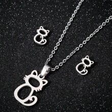 Silver時尚不鏽鋼可愛動物形狀中空吊墜鎖骨鏈和貓耳環3件套裝 - 銀色 - 查看 1