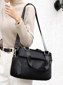 多层尼龙手提包，大容量斜挎包，防水轻便旅行单肩包，吸睛女士工作手提包 - 黑色 - 查看 3