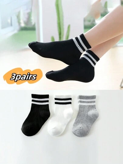 3 đôi tất đơn giản hai hàng ngang cho trẻ em mùa xuân/thu, tất học sinh cho bé trai và bé gái, tất cổ cao cho trẻ nhỏ mặc hàng ngày.