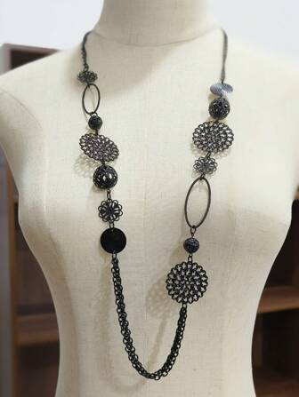 European And American Fashion Versatile Retro Sexy Hollow Ball Long Necklace Geometric Three-Dimensional Bohemian Style Shiny Black Sweater Chain