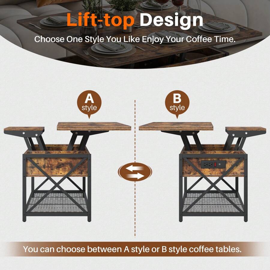 43" Lift Top Coffee Table With Charging Station, 4 In 1 Coffee Tables