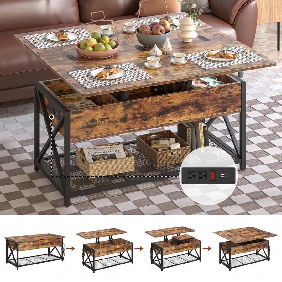 43" Lift Top Coffee Table With Charging Station, 4 In 1 Coffee Tables