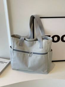 时尚大容量帆布纯色手提包，适合读书周的学院风书包 - 灰色 - 查看 4