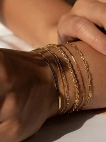 6入組波希米亞風格極簡飾品金屬鏈套裝,流行炸麻花蛇骨鏈多層鏈精簡手鐲女性個性化飾品 - 金黃色 - 查看 7