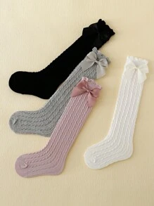 4 Pares De Calcetines Para Niños De Color Sólido Con Detalle De Lazo Y Calcetines Lisos Sin Mostrar