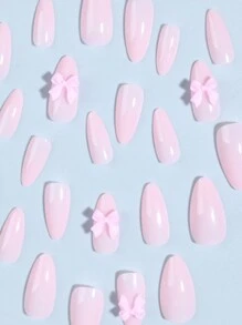 Bộ 24 miếng dán móng tay hình hạnh nhân nơ hồng, bao gồm 1 miếng gel dẻo và 1 dũa móng, được thiết kế dành cho phụ nữ và bé gái để trang trí móng tay. - Màu Hồng baby - Xem 3