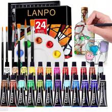 Ensemble de peinture pour vitrail de 12/24 couleurs de 12 ml avec 6 pinceaux en nylon, 1 palette, kit de peinture acrylique émaillée imperméable pour enfants, Fête des mères, cadeau pour maman, rentrée scolaire, fournitures scolaires