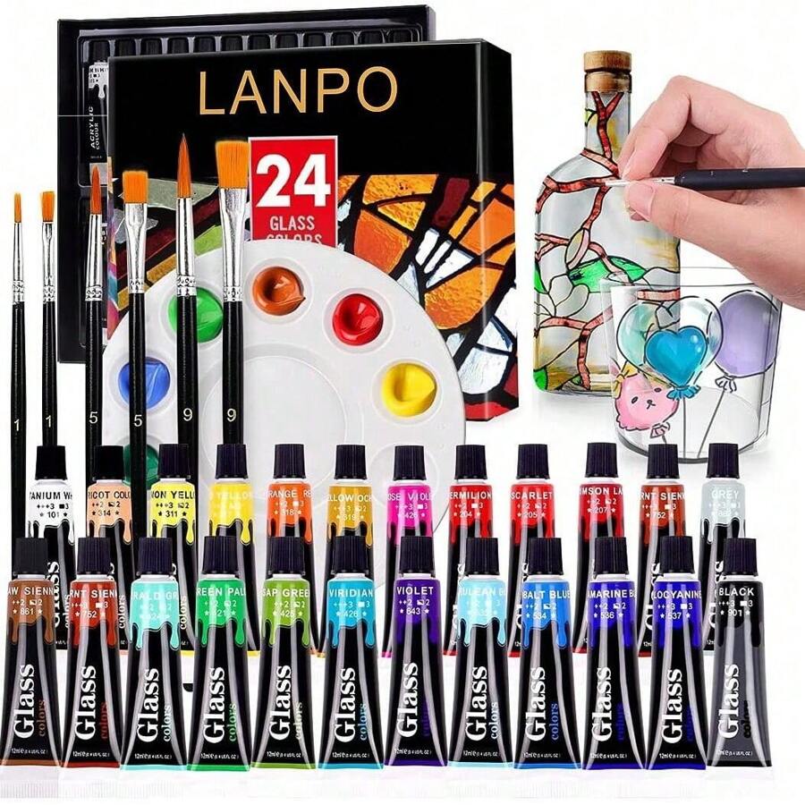 Ensemble de peinture pour vitrail de 12/24 couleurs de 12 ml avec 6 pinceaux en nylon, 1 palette, kit de peinture acrylique émaillée imperméable pour enfants, Fête des mères, cadeau pour maman, rentrée scolaire, fournitures scolaires
