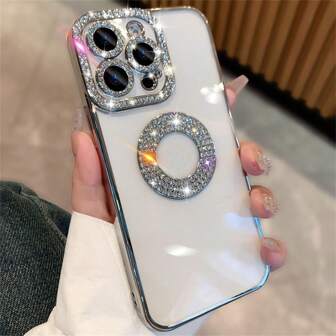 镜面 1 件镀银 CD 图案水钻镶嵌手机壳，半透明，水钻相机保护，柔软 Tpu 材质，兼容 Apple 智能手机