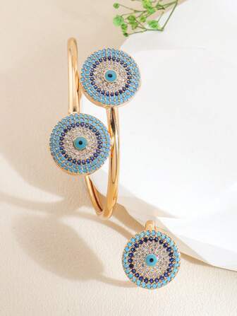 2 st/set Fashion Blue Evil Eye Armring Ring Set Cubic Zirconia Dekorativa kopparsmycken lämpliga för flickor och kvinnor dagligt slitage