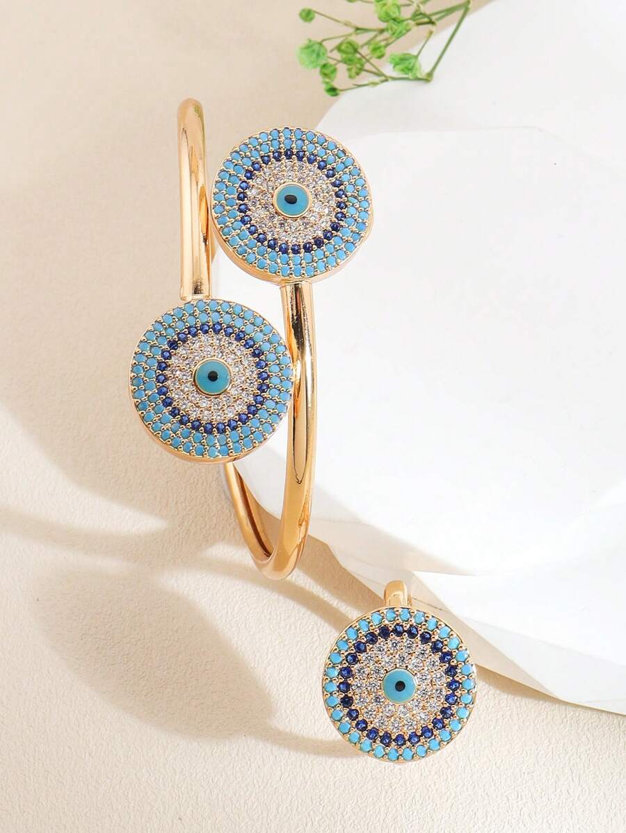 2 pièces/Jeu Ensemble de bracelet et bague à l'œil maléfique bleu à la mode. Décoration en cubique zirconia et cuivre. Convient pour le port quotidien par les filles et les femmes - rond - Voir 1