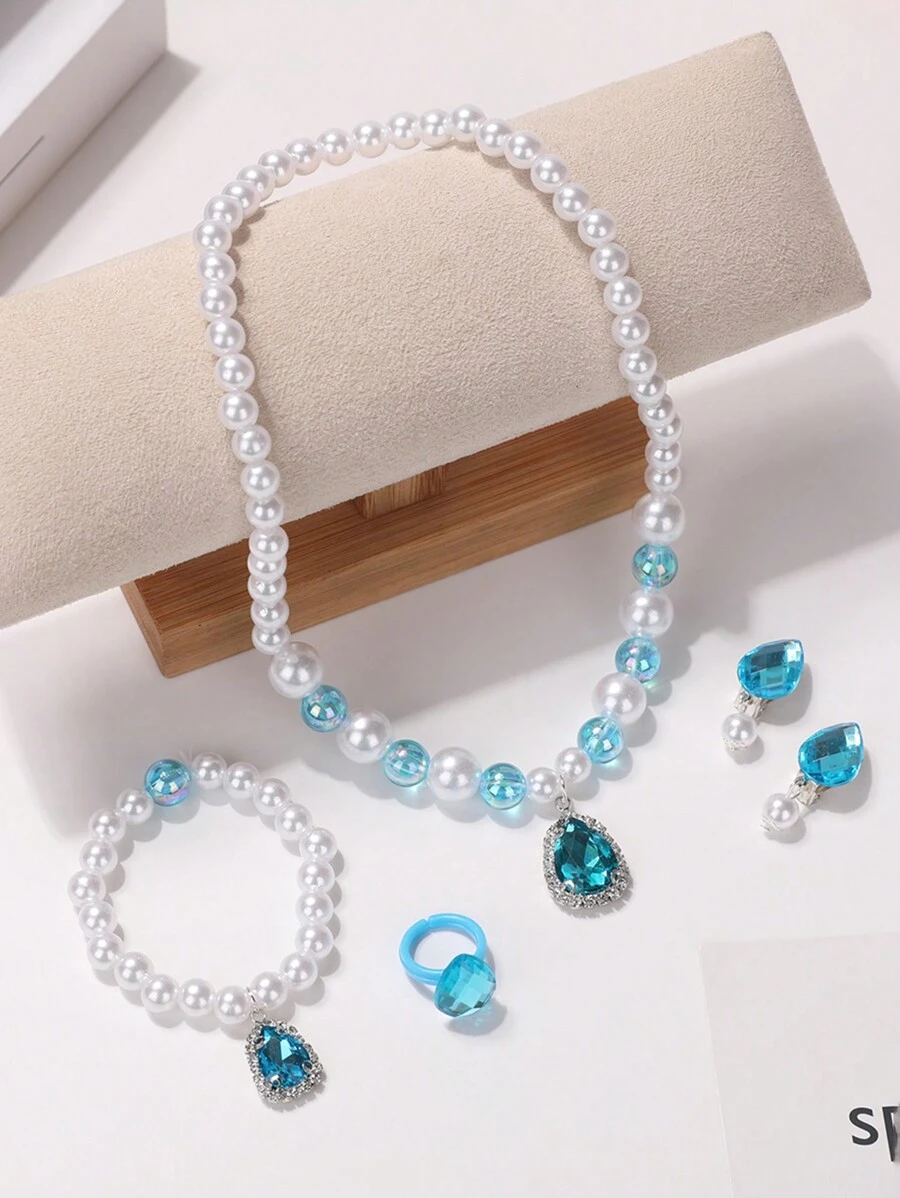 5pcs/Set Lovely And Sweet Rhinestone & Beaded Necklace, Bracelet, Ring, Earrings For Girls And Teenagers