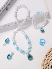 5pcs/Set Lovely And Sweet Rhinestone & Beaded Necklace, Bracelet, Ring, Earrings For Girls And Teenagers