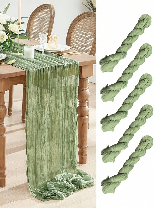 5pcs 90*180cm Green Pleated Table Runner Perfect For Wedding Birthday Babe Shower Party Room Table Decoration, Wedding Anniversary And Banquets Party Supplies, Gauze Table Cover Table Runner Back To School Valentine Day