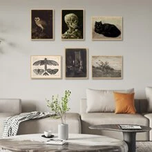 Conjunto de 6 carteles de lona para decorar habitaciones estilo Dark Academia - Decoración para el hogar gótica, Gato negro, cráneo, búho, mariposa, imágenes estéticas de Dark Academia, carteles espeluznantes de arte gótico, Arte de pared para decoración de habitaciones en negro, marcos impermeables sin marco - Idea de regalo ideal