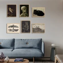 Conjunto de 6 carteles de lona para decorar habitaciones estilo Dark Academia - Decoración para el hogar gótica, Gato negro, cráneo, búho, mariposa, imágenes estéticas de Dark Academia, carteles espeluznantes de arte gótico, Arte de pared para decoración de habitaciones en negro, marcos impermeables sin marco - Idea de regalo ideal