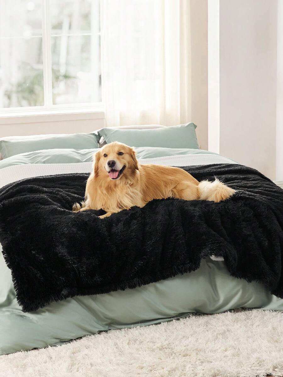 Waterproof Dog Blankets For Dogs - Calming Cat Blanket For Couch Protector Washable, Long Fau X Fur Pet Blanket For Puppy, Reversible Furniture Protection - 黑色 - 查看 1
