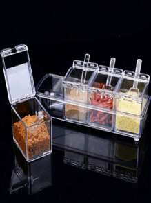 4 Pieces Acrylic Spice Rack With Spoon, Transparent Condiment Box, 4 Pieces Condiment Storage Containers, Spice Jars With Lid And Spoon, 4 Pieces Acrylic Spice Rack With Spoon - Clear - View 10