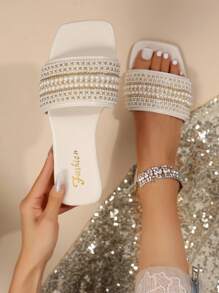 Women's Plus Size Flat Sandals With Rhinestone Detailing, Perfect For Vacation And Leisure Activities In Summer