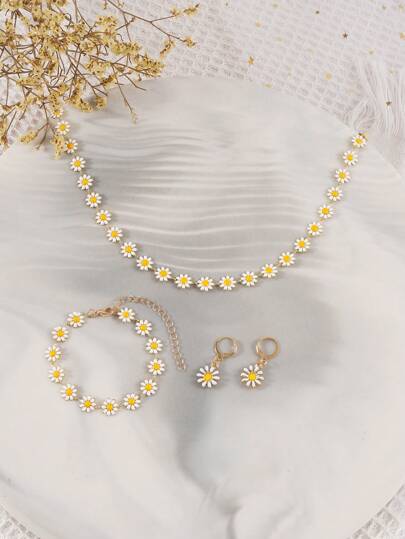 1set Creative Fashionable Handmade Small Daisy Necklace, Daisy Bracelet, Sunflower Pendant Earrings For Women Valentines