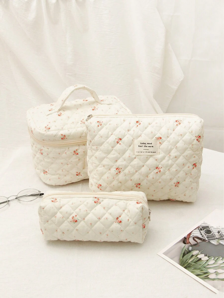 白色花卉绗缝 3 件化妆包套装，包括内袋、手提包和刷子包，返校必需品化妆包化妆包化妆品收纳盒化妆品收纳 - 彩色 - 查看 1
