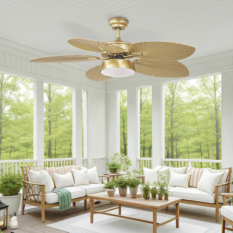 52 Inch Tropical Ceiling Fans With Lights And Remote Modern Fan Light With 5 Palm Leaf Blades Memory Function For Outdoor/Indoor For Halloween Christmas Gift - Gold - View 1