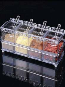 4 Pieces Acrylic Spice Rack With Spoon, Transparent Condiment Box, 4 Pieces Condiment Storage Containers, Spice Jars With Lid And Spoon, 4 Pieces Acrylic Spice Rack With Spoon - Clear - View 7