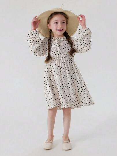 MARC&JANIE Young Girl Sweet And Fun Long Sleeve Polka Dot Dress With Bow And Lace Collar, Spring