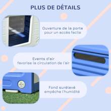 PawHut Niche pour chien extérieure abri pour chiots en plastique maison pour chiens avec bouches d'aération résistante à l'eau dim. 60L x 42l x 40H cm bleu et blanc - Bleu azur - Voir 7