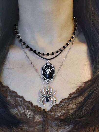 3入組復古哥德風格黑色仿珍珠和鑽石裝飾蜘蛛項鍊套裝