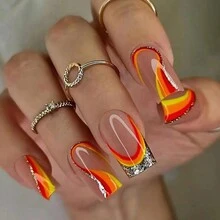 24pcs/Set Medium Length European Ins Style French Nail With Glitter In Warm Colors Like Red, Yellow And Orange For Manicure With Wavy Designs - Multicolor - View 1