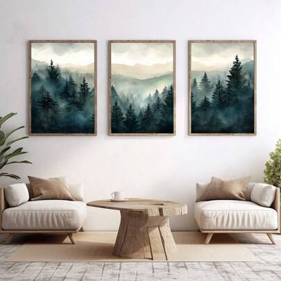 Bộ 3 bức tranh tường nghệ thuật màu nước núi rừng cây xô thơm xanh núi in trên vải canvas tranh trừu tượng thiên nhiên áp phích trang trí tối giản hiện đại cho phòng ngủ, phòng khách hoặc văn phòng không có khung