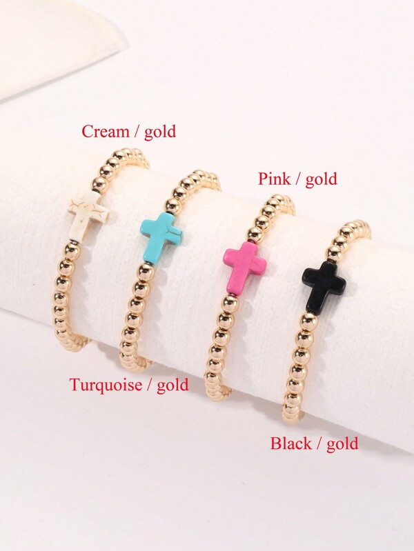 1pc Women Black Agate Beaded & Turquoise Cross Charm Bracelet