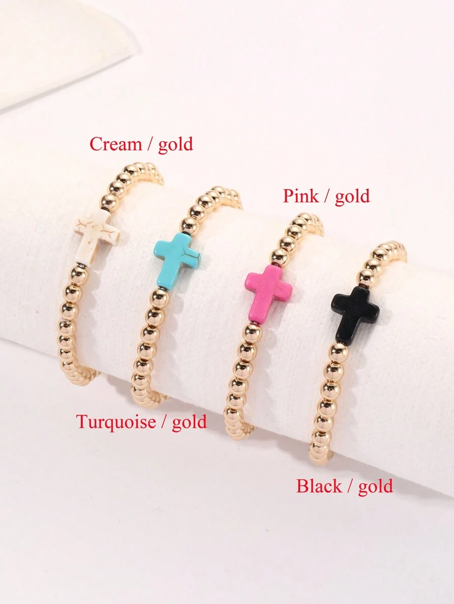 1件女士黑色玛瑙串珠绿松石十字架吊坠手链 - Bracelet - 查看 1